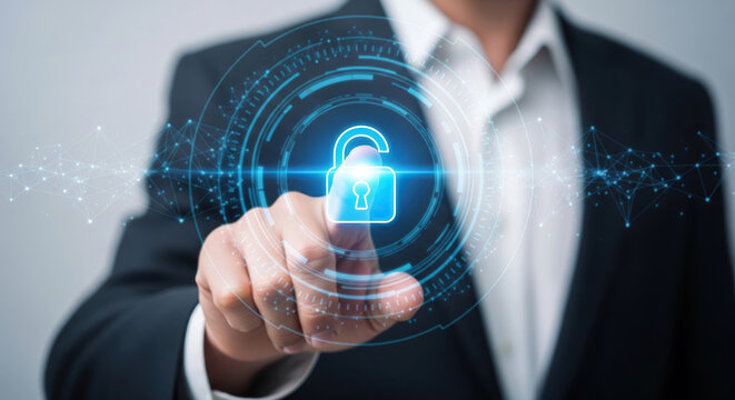 Businessman touching glowing digital padlock for cybersecurity and data protection - Powered by Adobe