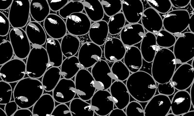 Obraz premium Monochrome Seamless Abstract Cellular Pattern, Dark Black Cells with Light Grey Outlines and White Internal Fragments, High-Contrast Microscopic Background Texture