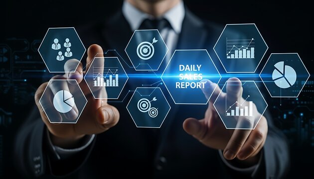 Businessman interacting with holographic daily sales report interface showing charts and business analytics data in dark setting