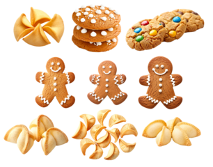A variety of cookies including gingerbread men, candy-studded, and crescent cookies isolated on white background, representing holiday baking treats
