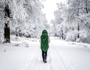 A person in a green cloak walks on snowy path through frosted trees