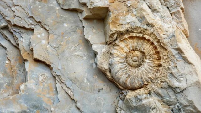Fossilized ammonite embedded in layered sedimentary rock formation