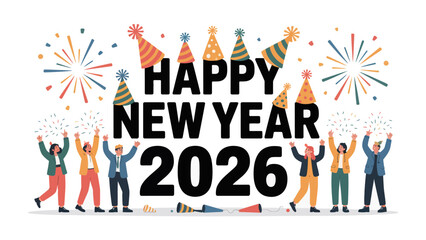 Happy New Year 2026: A vibrant and colorful design captures the spirit of the upcoming year, with celebratory figures reveling in the joy of a fresh start.