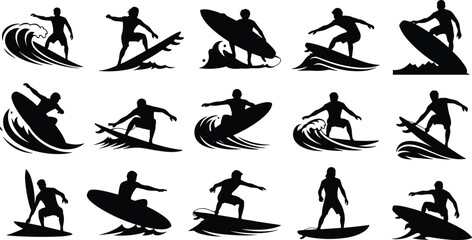 Silhouette, surfer, surfing, posture, gesture, wave, board, stance, trick, motion, sport, beach, black, white, illustration, concept, figure, athletic, activity, ocean, maneuver