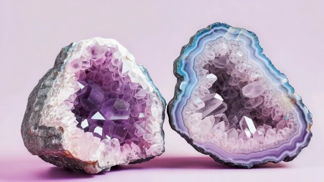 Two beautiful amethyst geodes with purple crystals on soft pink background