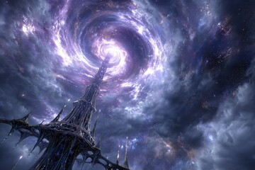 Cosmic Spiral Tower Against Nebula Sky