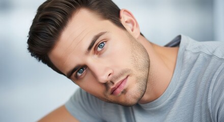 Close-up portrait of a contemplative young man with striking blue