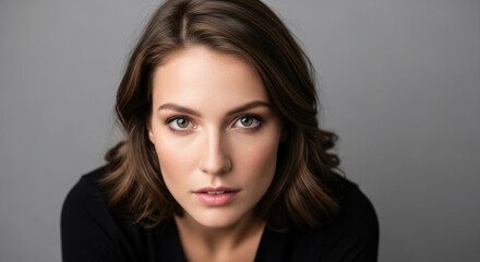 Naklejka premium Elegant young woman with confident expression and natural makeup in