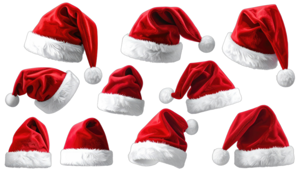 A collection of Santa Claus hats on a black background