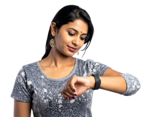 Woman checking smartwatch isolated on white background, transparent PNG