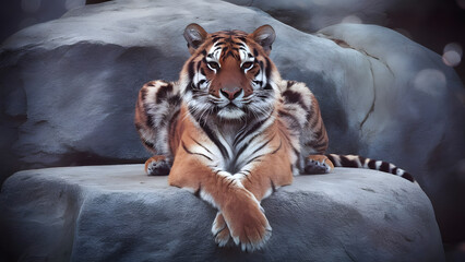 Majestic bengal tiger resting on a large rock with intense gaze and striking orange and black stripes