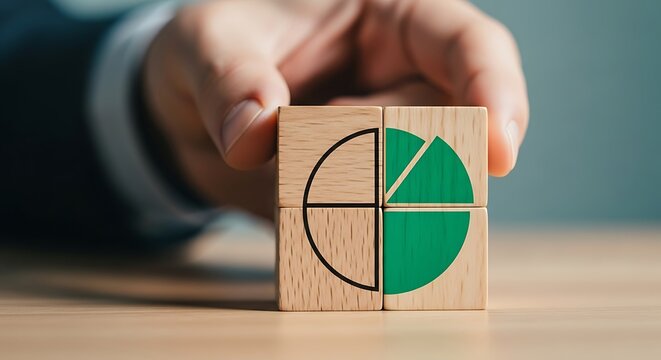 Businessman hand holding wooden block puzzle showing a pie chart representing business finance data analysis and growth concept - Powered by Adobe