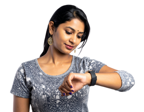 Woman checking smartwatch isolated on white background, transparent PNG