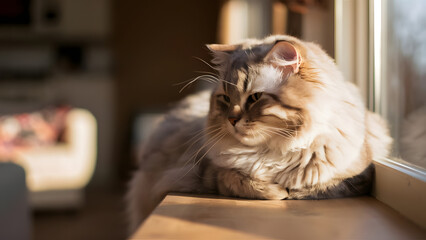 Fluffy long haired cat basking in warm sunlight on a windowsill enjoying a peaceful moment indoors