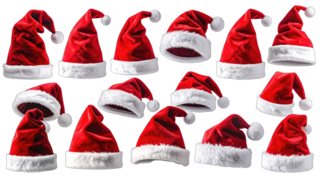 A festive collection of red Santa hats with white trim is displayed against a black background.