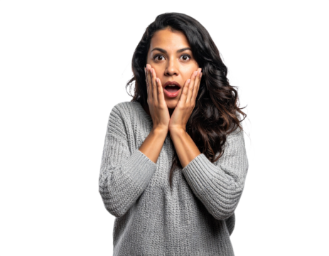 Shocked woman with hands on face isolated on white background, transparent PNG