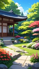 A serene Asian garden scene with a path leading to a pavilion