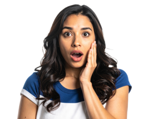 Woman with surprised expression, hand on cheek isolated on white background, transparent PNG