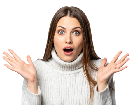 Surprised woman with open mouth isolated on white background, transparent PNG - Powered by Adobe