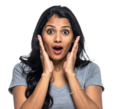 Surprised woman with hands on cheeks isolated on white background, transparent PNG