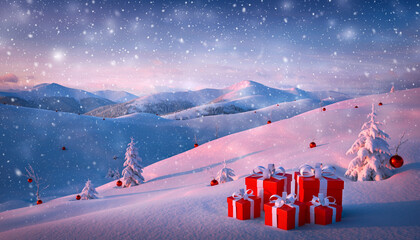 Enchanting Winter Wonderland with Christmas Gifts and Falling Snow
