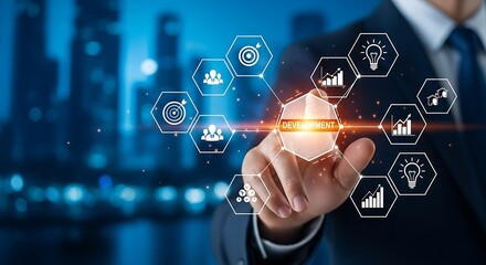 Businessman touching a glowing digital interface with business strategy icons against a blurred city background