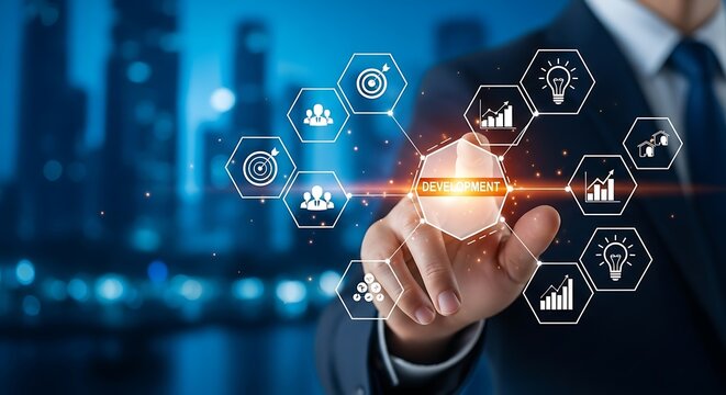 Businessman touching a glowing digital interface with business strategy icons against a blurred city background