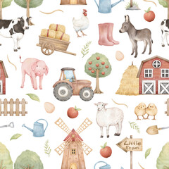 Little Farm Animals Seamless Pattern with Barn, Tractor, Trees, Chicks, Cows, Pigs, Sheep, Donkey, Boots, Windmill, and Farm Elements for Kids Products and Nursery Designs
