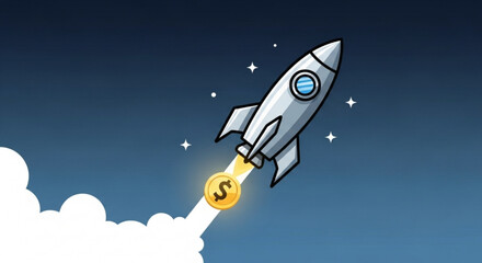 Rocket ship launching with a dollar coin, celebrating business growth, financial success, and innovative ventures, a symbol of startup dreams and investment