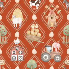 Little Farm Animals Seamless Pattern with Barn, Tractor, Trees, Chicks, Cows, Pigs, Sheep, Donkey, Boots, Windmill, and Farm Elements for Kids Products and Nursery Designs
