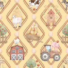 Little Farm Animals Seamless Pattern with Barn, Tractor, Trees, Chicks, Cows, Pigs, Sheep, Donkey, Boots, Windmill, and Farm Elements for Kids Products and Nursery Designs

