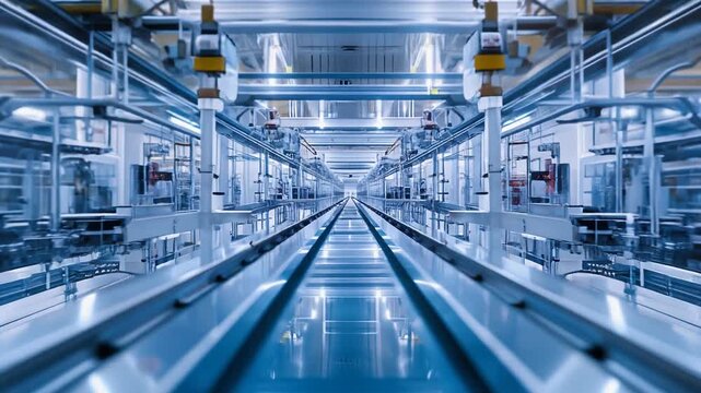 工場ラインをまっすぐ進んでいく未来的な自動化テクノロジー動画