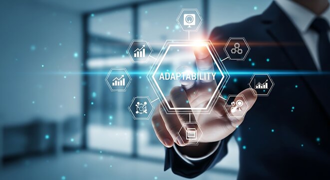 Businessman touching a digital screen displaying the word adaptability surrounded by business and technology icons in a modern office setting