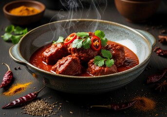 Spicy traditional beef Vindaloo curry served hot in rustic bowl with chili garnish and steam rising for authentic Indian cuisine presentation