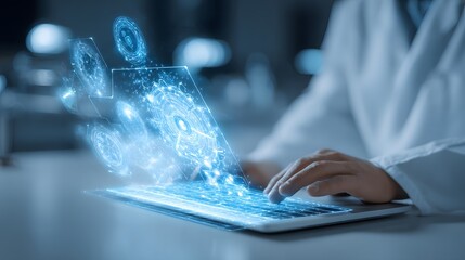 Professional interacting with holographic data streams emanating from a portable computer keyboard