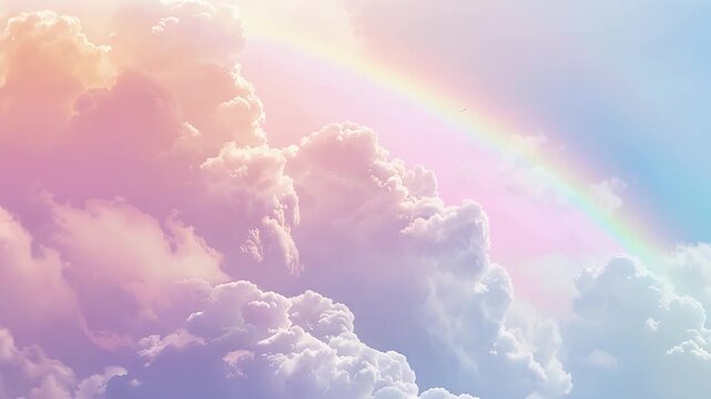 柔らかな雲と薄い虹が浮かぶ幻想的な空の風景