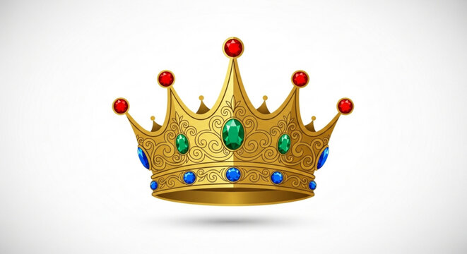 Regal golden crown adorned with vibrant jewels, sparkling with power and prestige, perfect for royalty themes, fantasy designs, and celebratory events