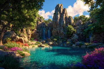 Pixelated Waterfall Scene In Lush Forest