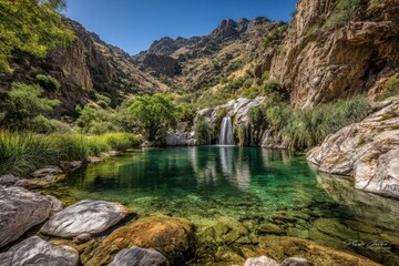Emerald Waterfall Pool in Mountainous Landscape