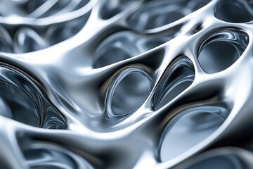 A fascinating abstract metallic structure showcasing a flowing, organic, and cellular-like design. Polished silver surfaces reflect light, creating a modern, high-tech aesthetic.