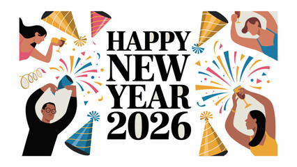 New Year's Eve Celebration: Festive imagery of joyful individuals, confetti, and party accessories set against a celebratory backdrop, embracing the spirit of the upcoming year