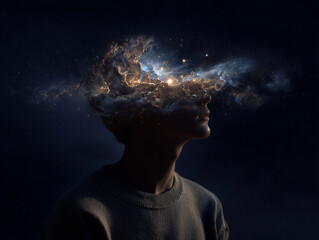 Man’s Silhouette with Cosmic Galaxy and Star Clouds Emerging from Head in Night Sky