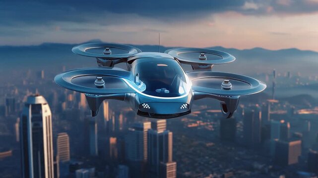 都市上空を滑空する空飛ぶクルマの飛行シーン映像
