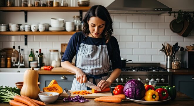 A Person Is Chopping Vegetables On A Cutting Board In A Kitchen With Many Vegetables