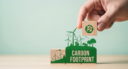 Hand placing wooden block with recycling symbol to build a green energy concept reducing carbon footprint with wind turbine silhouette