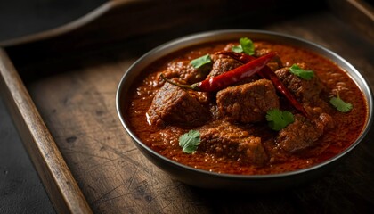 Steaming spicy meat Vindaloo curry topped with chili and herbs served in rustic bowl for rich flavorful Indian dining