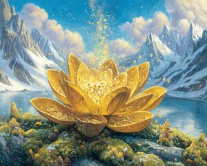 Golden Lotus Flower In Snowy Mountain Landscape