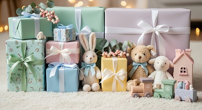 Pile of Wrapped Gifts with Toys on Soft Carpet
