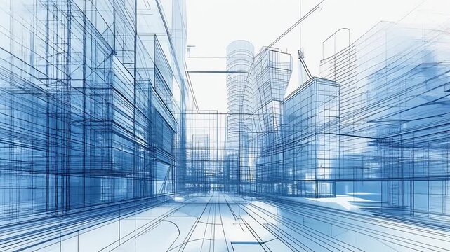 建築ラインが流れるように広がるパース表現の抽象デザイン映像