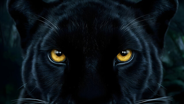 Intense close up portrait of a black panther with piercing yellow eyes staring directly forward in a dark forest